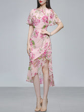 Load image into Gallery viewer, Pink Floral Print Chiffon Ruffles 1960S Dress