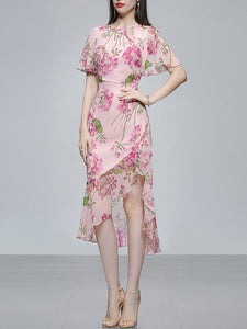 Pink Floral Print Chiffon Ruffles 1960S Dress