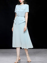 Load image into Gallery viewer, Retro Blue Short Sleeve New Look Style Pleated Fake Two Piece Suit Dress