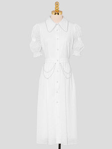 White Pearl Collar Romantic Floral Textured Shirt Dress