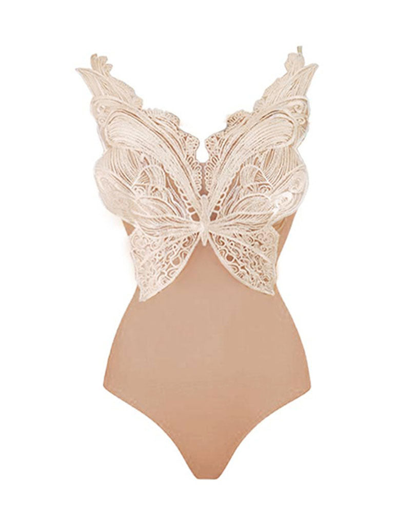 Pink Butterfly Lace Retro One Piece Swimsuit