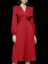 Load image into Gallery viewer, Red Ruffles V Neck Satin 1950S Long Sleeve  Vintage Dress