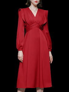 Red Ruffles V Neck Satin 1950S Long Sleeve  Vintage Dress