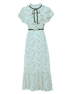 vintage mermaid dress Light Green Butterfly Sleeve Ruffles Floral Vintage Mermaid Dress, Green / M