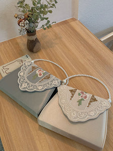 1950S Blue Embroidered Rose Vintage Pearl Handbag Satin Banquet Bag
