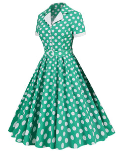 Green Polka Dots Turn Down Collar Short Sleeves 1950S Vinatge Shirt Dress