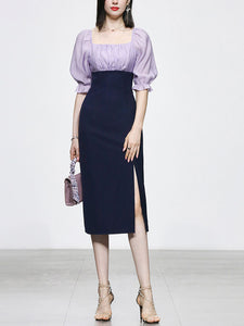 Purple Puff Sleeve Square Neck Slit 1940S Vintage Dress