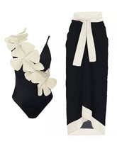 Load image into Gallery viewer, Black And White Flower One Piece With Bathing Suit Wrap Skirt
