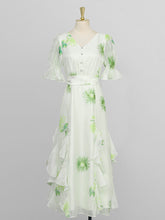 Load image into Gallery viewer, Green V Neck Floral Print Ruffles Maxi Chiffon Dress