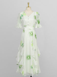 Green V Neck Floral Print Ruffles Maxi Chiffon Dress