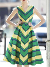 Load image into Gallery viewer, Yellow And Green V Neck Stripes 1950S Hepburn Style Outfits Vintage Swing Dress