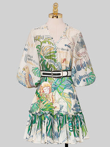 Green Retro Lantern Sleeves Printed Mini Dress