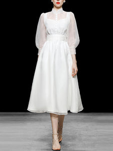 White Puff 3/4 Sleeve Edwardian Revival Fariy Organza Dress
