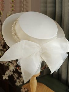 White Big Bow Wedding Pearls Hat With Vintage Boater Hat