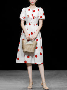 White Crew Neck Printed Red Apple Swing 1950S Dress