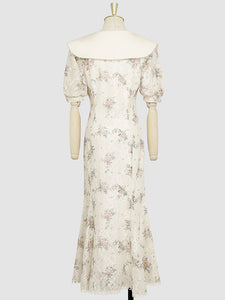 White Floral Print Puff Sleeve Vintage Mermaid 1940S Fish Tail Vintage Lace Dress