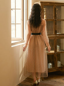 Honey Flocking Polka Dots Long Sleeve Maxi Party Dress
