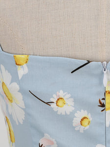 Blue Daisy Square Collar 1960S Bodycon Dress
