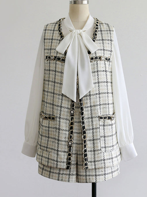 With Bow Collar Vintage Fall Vest Set (Veat+Shirt+Pants)