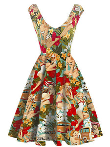 Vintage Print V Neck 1950S Swing Dress