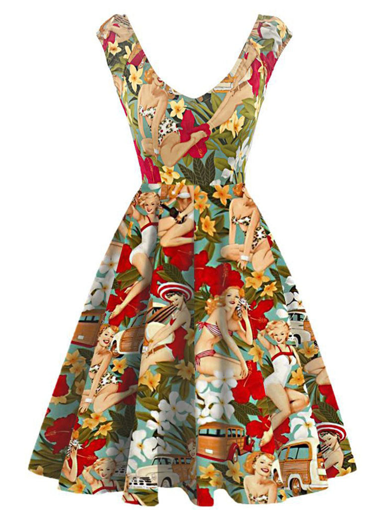 Vintage Print V Neck 1950S Swing Dress