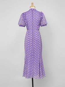 Blue Polka Dots Puff Sleeve Vintage Chiffon Dress