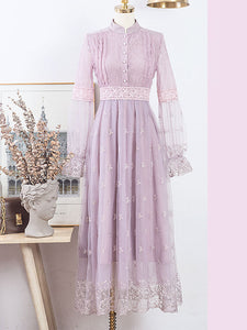 Embroidered Puff Long Sleeve Edwardian Revival Dress