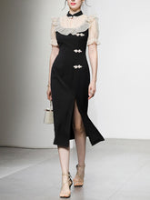 Load image into Gallery viewer, White Semi Sheer Ruffles With Black Fishtail Cheongsam Dress