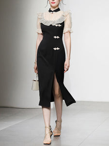 White Semi Sheer Ruffles With Black Fishtail Cheongsam Dress