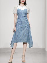 Load image into Gallery viewer, 2PS White 1950S Vintage Classic Top And Spaghetti Strap Denim Swing Dress Suit