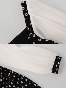 Black Daisy Print Split Straight Dress With White Long Sleeve