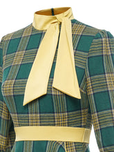 Load image into Gallery viewer, Green And Yellow Plaid 3/4 Sleeve 1950S Cotton Vintage Dress With Tie Collar