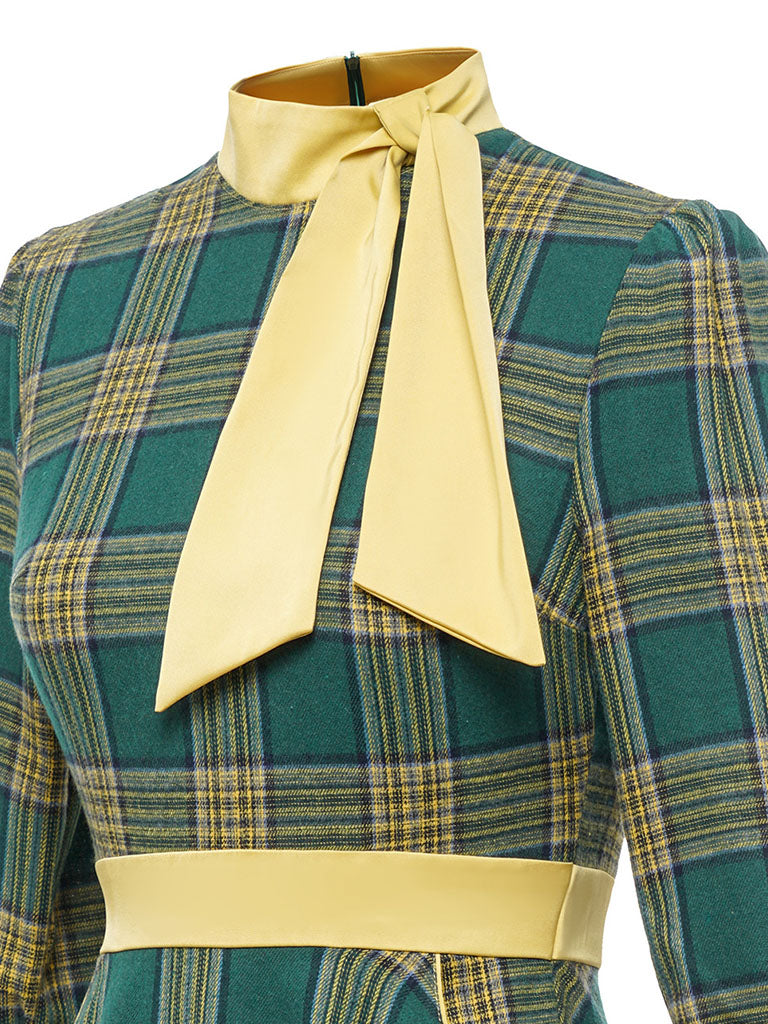 Green And Yellow Plaid 3/4 Sleeve 1950S Cotton Vintage Dress With Tie Collar Green / 2XL Green And Yellow Plaid 3/4 Sleeve 1950S Cotton Vintage Dress With Tie Collar Green / 2XL