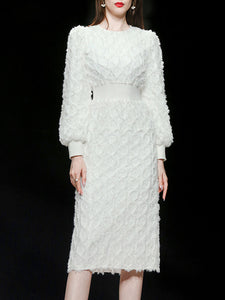 White Crew Collar Long Sleeve Lace Party 1960S Dress