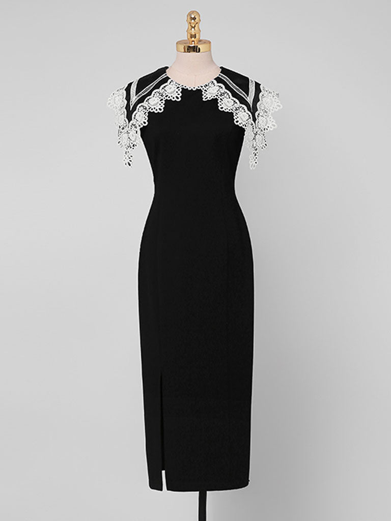 White Big Sweet Lace Collar Sleeveless Bodycon 1960S Black Slit Dress Jolly Vintage White Big Sweet Lace Collar Sleeveless Bodycon 1960S Black Slit Dress Jolly Vintage