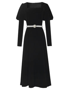 Black Square Collar Puff Long Sleeve  Vintage Velvet Dress