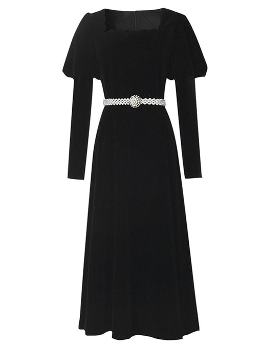 Black Square Collar Puff Long Sleeve  Vintage Velvet Dress