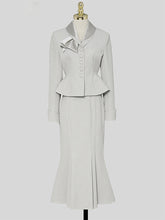 Load image into Gallery viewer, 2PS Grey Wasp Waist Women&#39;s Top And Wrap Fishtail Skirt Suit