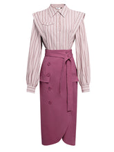 Load image into Gallery viewer, 2PS Pink Vertical Stripes 1950S Vintage Classic Top And Rose High Waist Skirt Suit