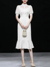 Load image into Gallery viewer, White Stand Collar Puff Sleeve Princess Mermaid Organza Dress
