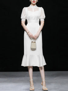 White Stand Collar Puff Sleeve Princess Mermaid Organza Dress