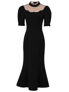 Semi-Sheer Polka Dots Puff Sleeve Little Black Fishtail Dress Vintage Style