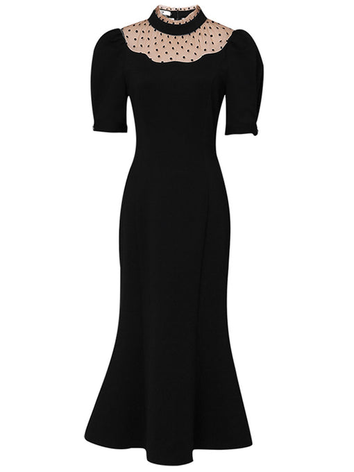 Semi-Sheer Polka Dots Puff Sleeve Little Black Fishtail Dress Vintage Style