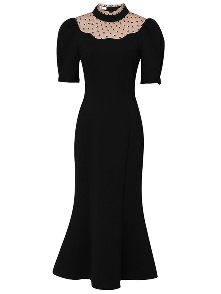 Semi-Sheer Polka Dots Puff Sleeve Little Black Fishtail Dress Vintage Style
