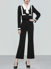 Load image into Gallery viewer, 2PS Black Sailor Long Sleeve Top With High Waist Wide Leg Pants Suit