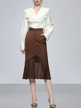 Load image into Gallery viewer, 2PS White Lace Ruffles V Neck Top And Brown Fishtail Skirt Dress Suit