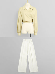 Yellow V Neck Shirt And White High Waisted Wide Leg Trousers Suit