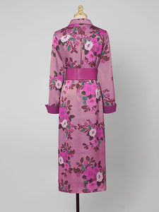 Purple Floral Print Long Sleeve 1940S Vintage Shirt Dress