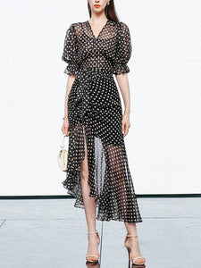 Black Polka Dots V Neck Vintage Style Ruffles Dress