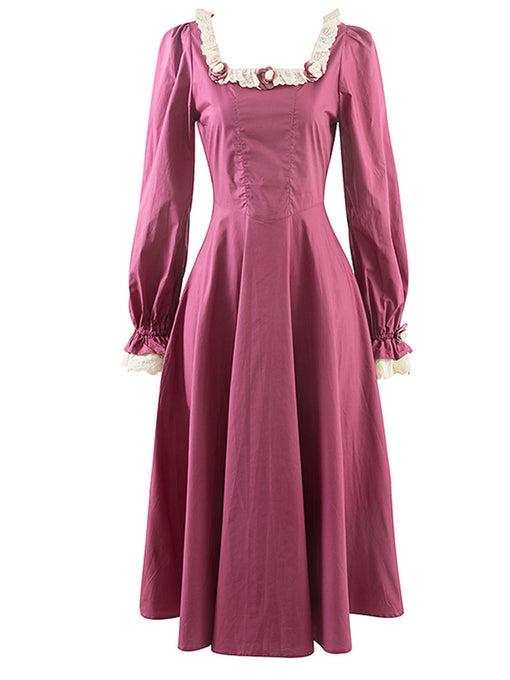 Rose Ruffles Fall Long Sleeve Vintage Cotton Dress